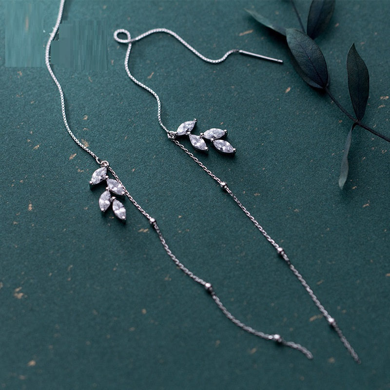 S925 Silver Leaf Long Ear Thread Female Jewelry