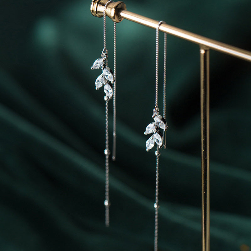 S925 Silver Leaf Long Ear Thread Female Jewelry