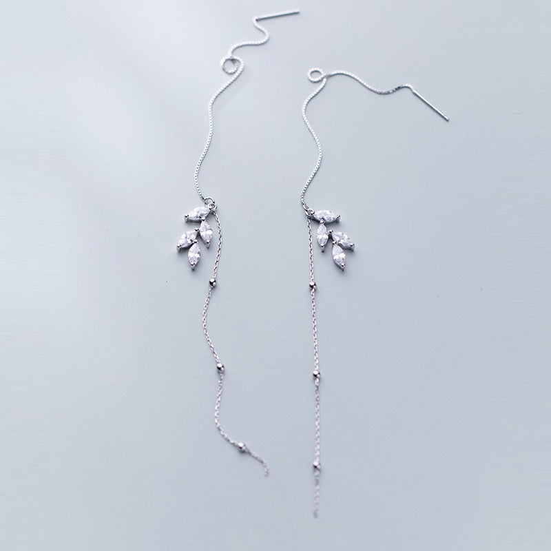 S925 Silver Leaf Long Ear Thread Female Jewelry
