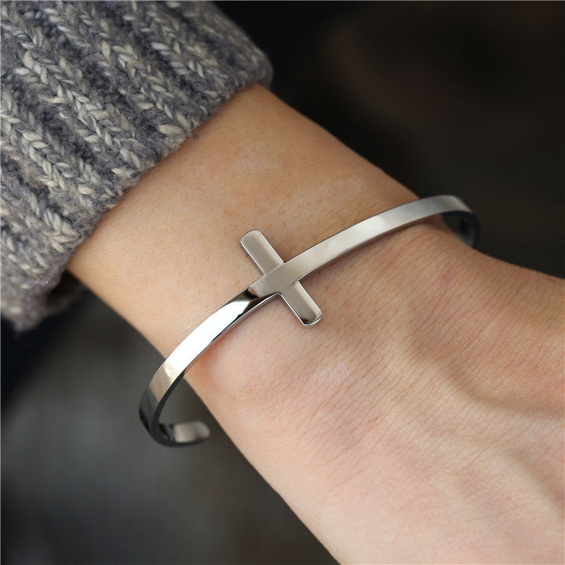 Trendy Stainless Steel Titanium Steel C- Shaped Cross Bracelet European And American Simple Ins Style Adjustable Bracelet