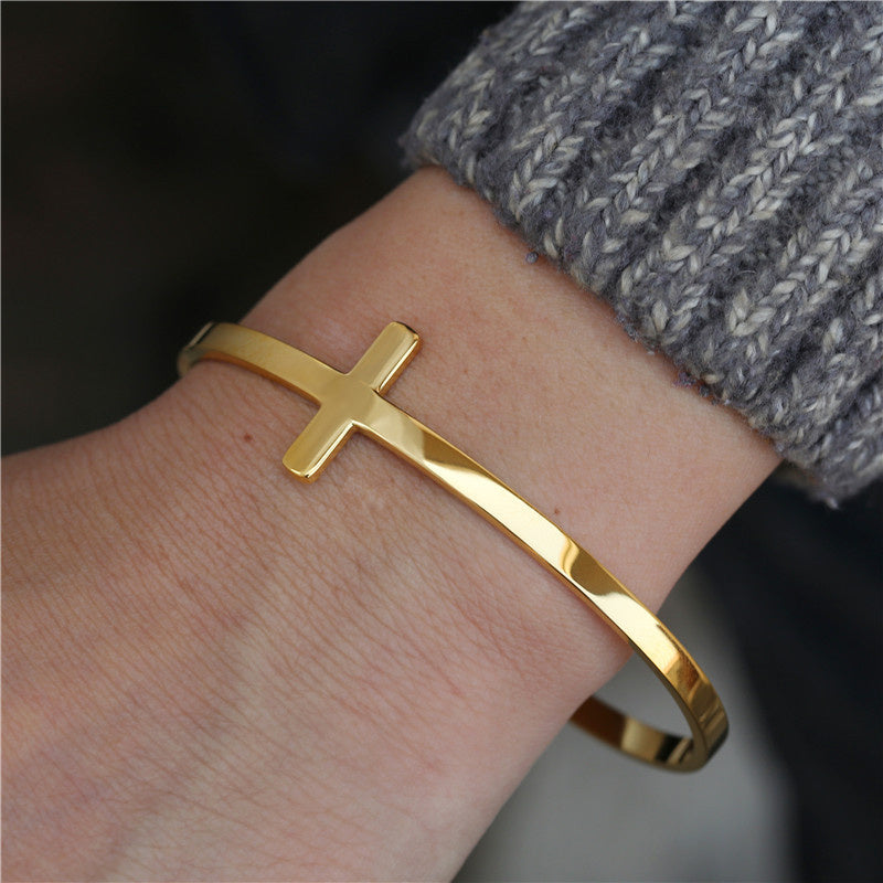 Trendy Stainless Steel Titanium Steel C- Shaped Cross Bracelet European And American Simple Ins Style Adjustable Bracelet