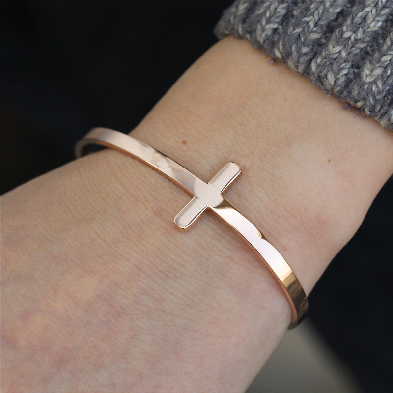 Trendy Stainless Steel Titanium Steel C- Shaped Cross Bracelet European And American Simple Ins Style Adjustable Bracelet
