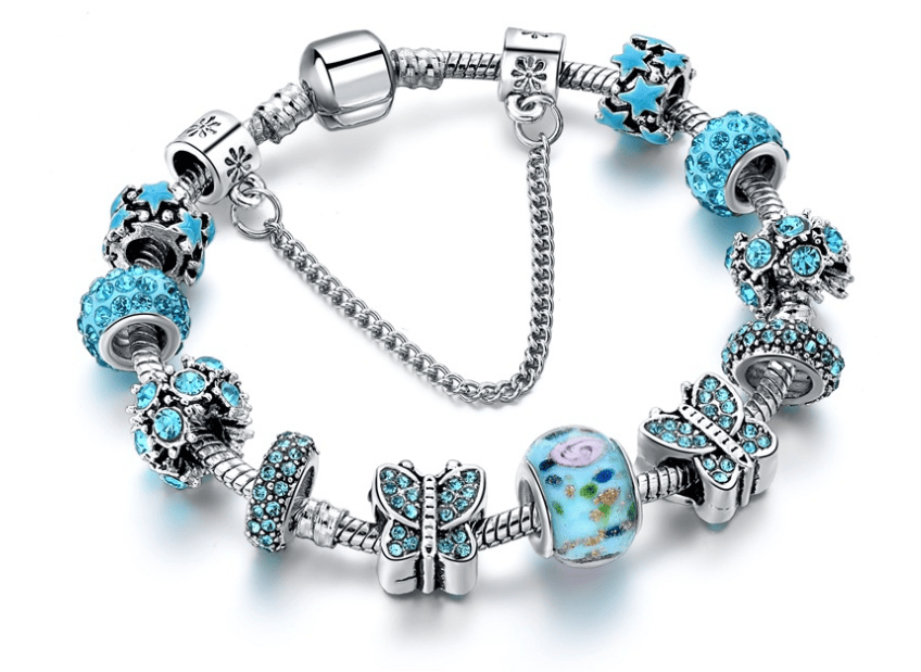 Women's Fashionable Alloy Lake Blue Diamond Butterfly Bracelet