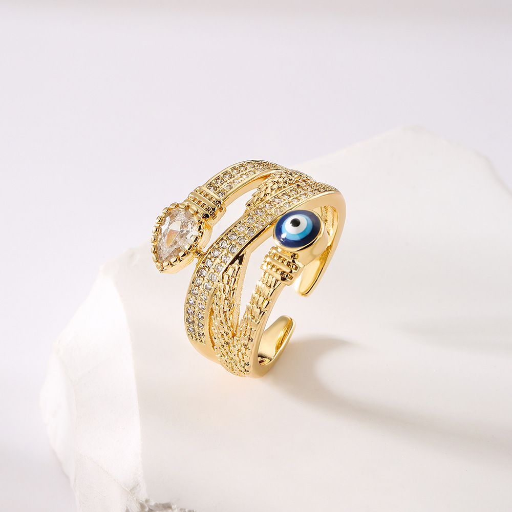 Copper Plated Real Gold Zircon Dripping Eyes Geometric Opening Ring Female