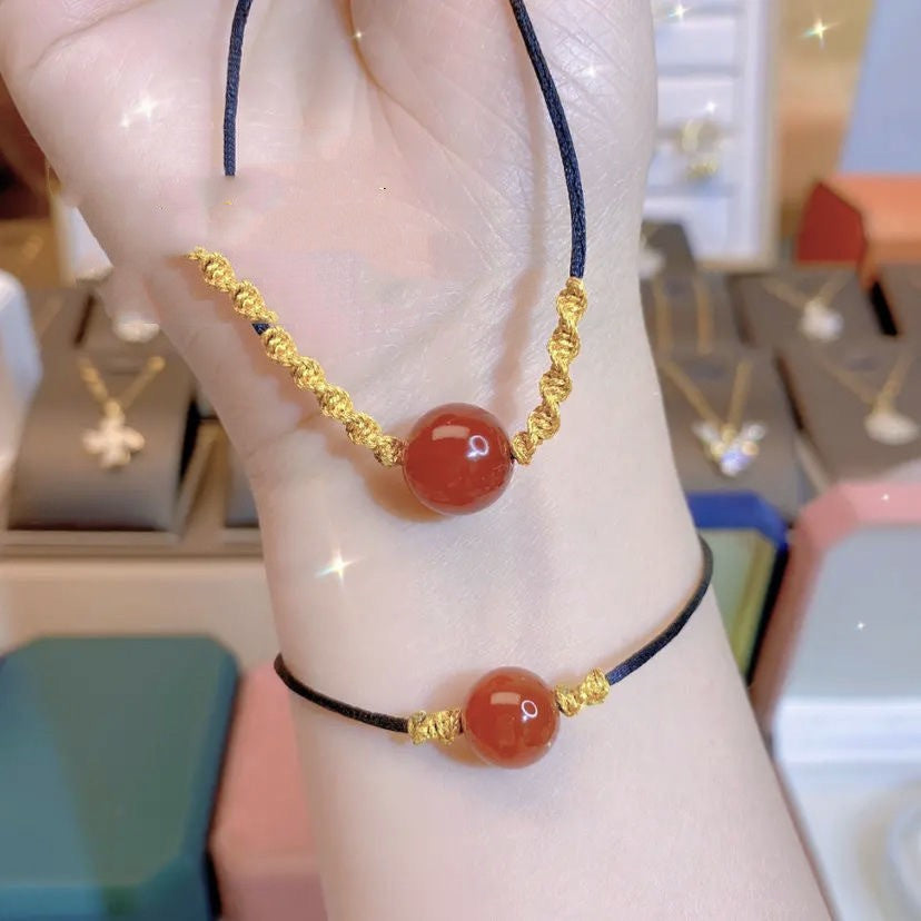 Handmade Red Bead Bracelet Black Rope Pendant