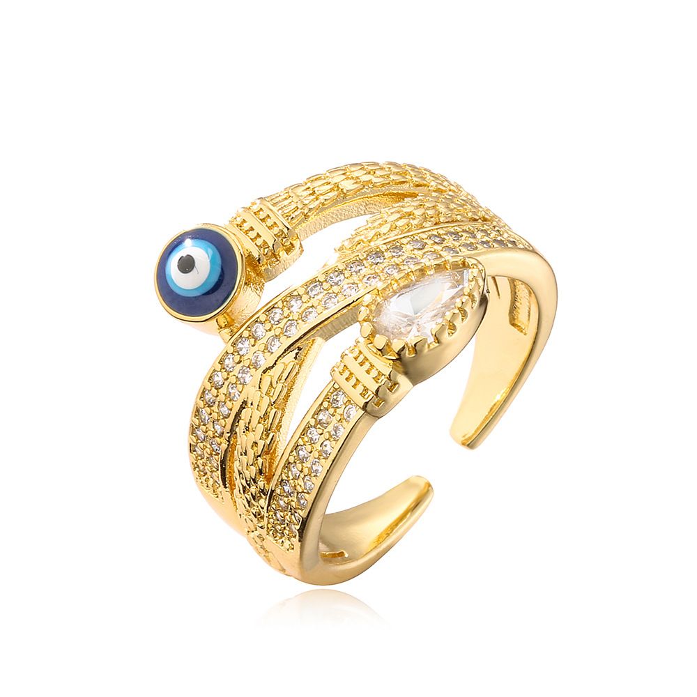 Copper Plated Real Gold Zircon Dripping Eyes Geometric Opening Ring Female